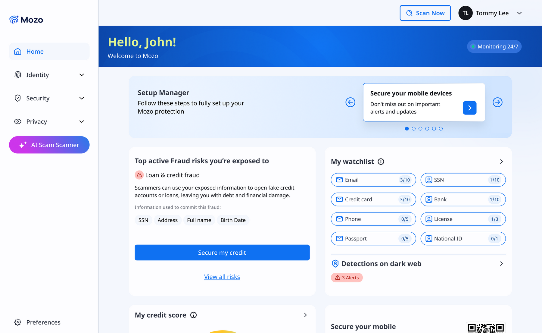 Mozo dashboard