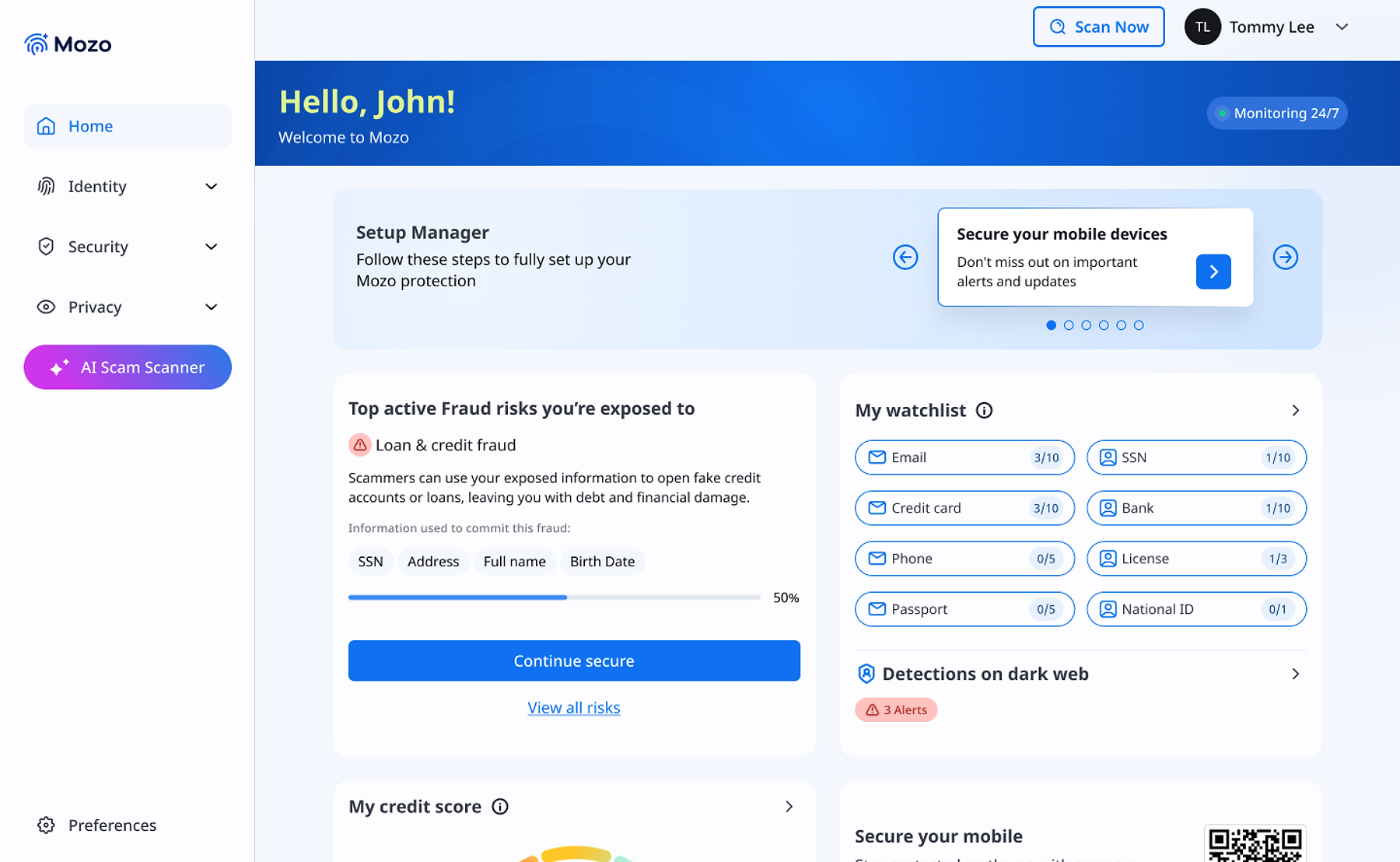 Dashboard showing completed credit protection status
