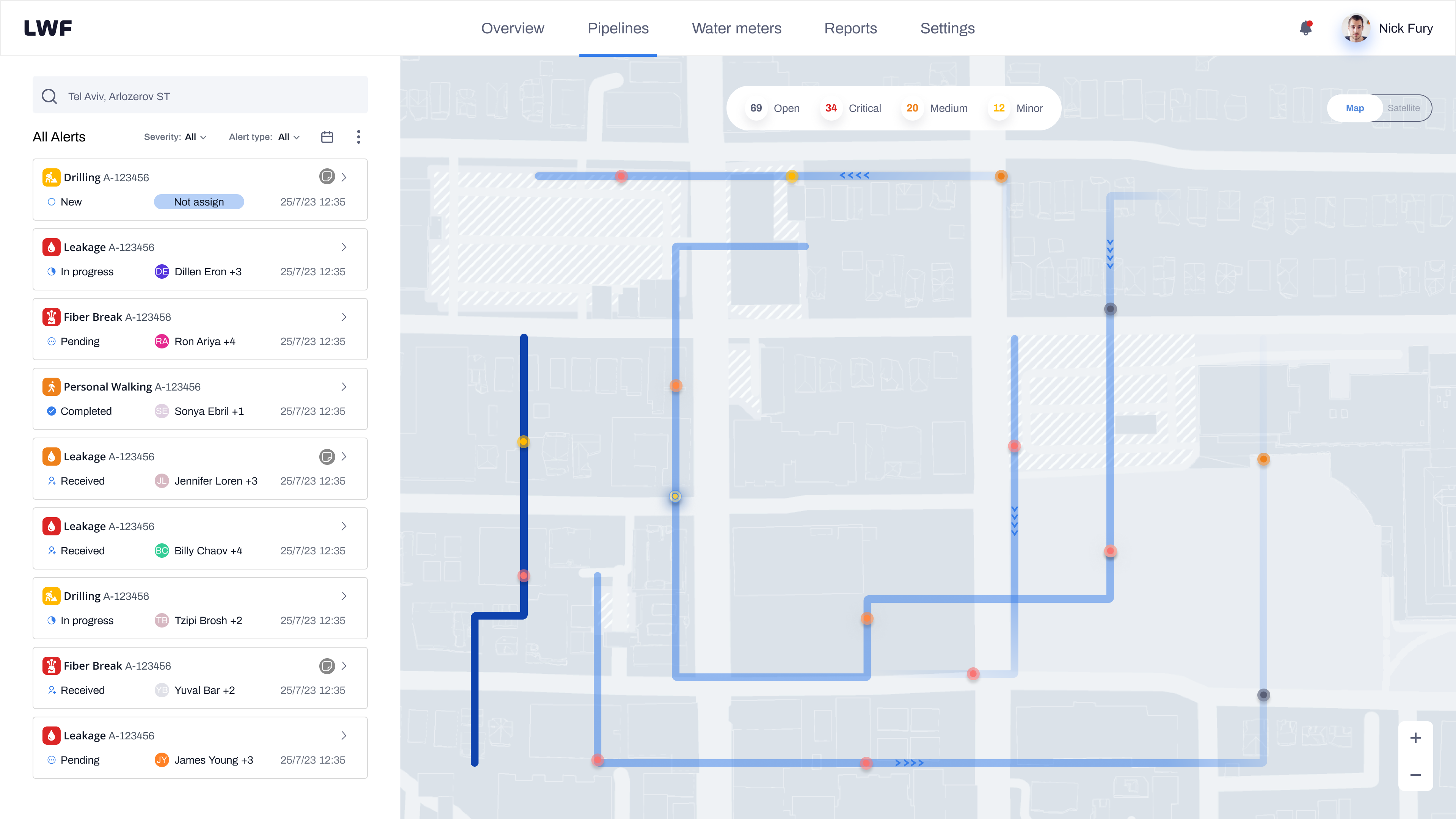 Map view with alert list showing status and assignee indicators