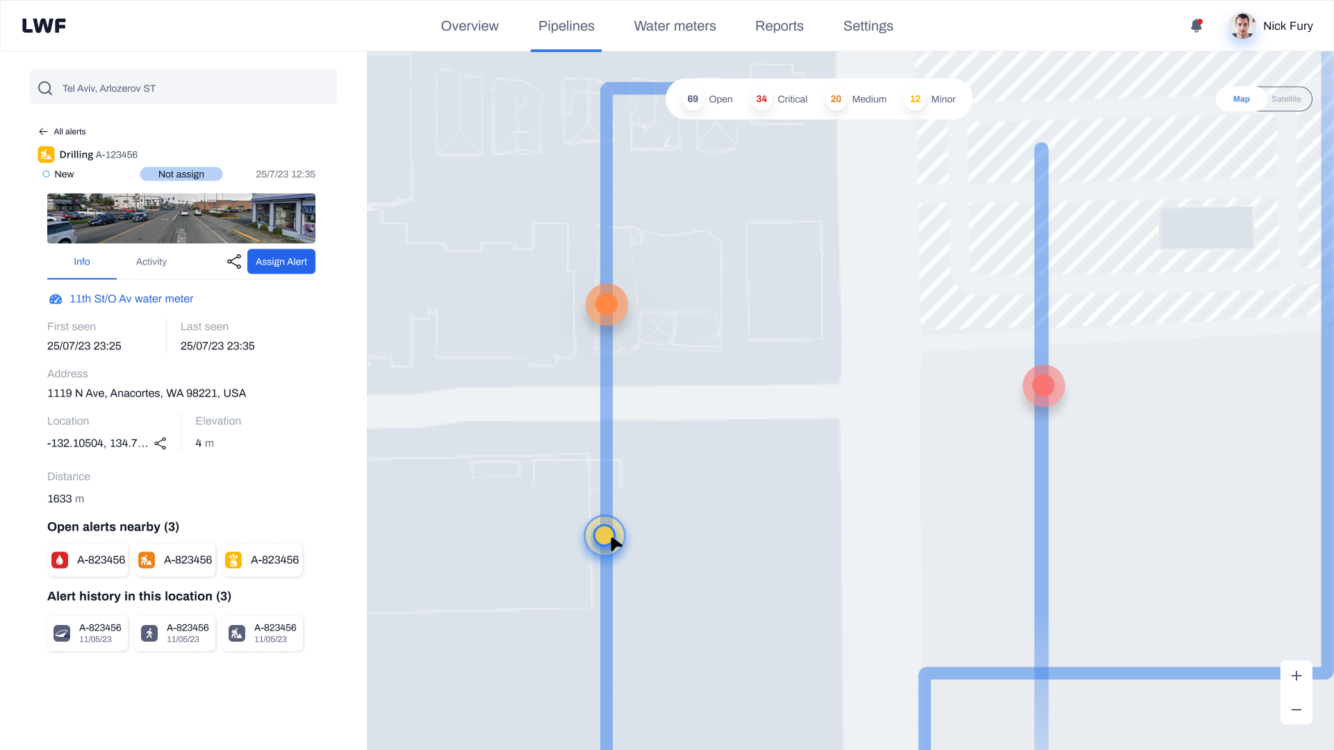 Expanded detail showing nearby alerts and location history