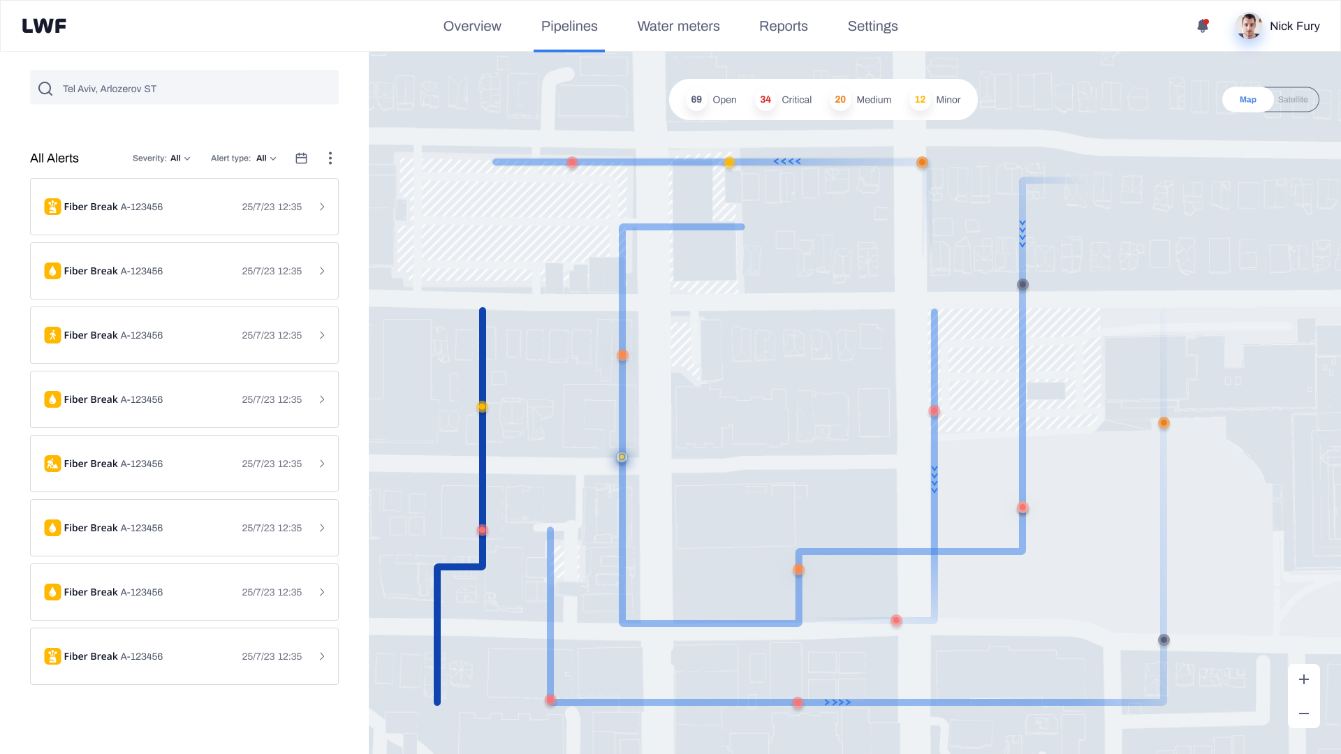 Map filtered to show Fiber Break alerts only