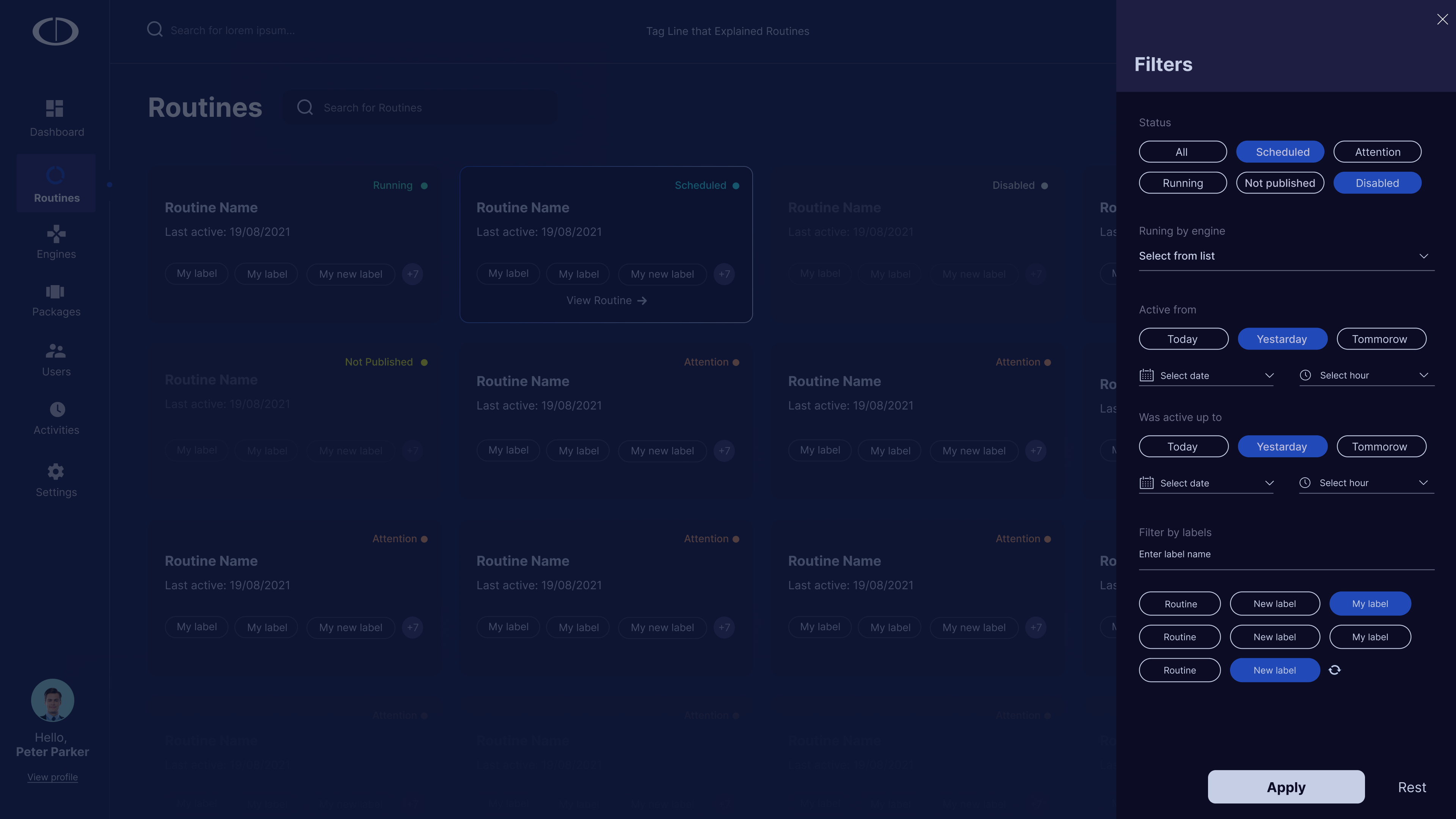 Routines library — filter panel open
