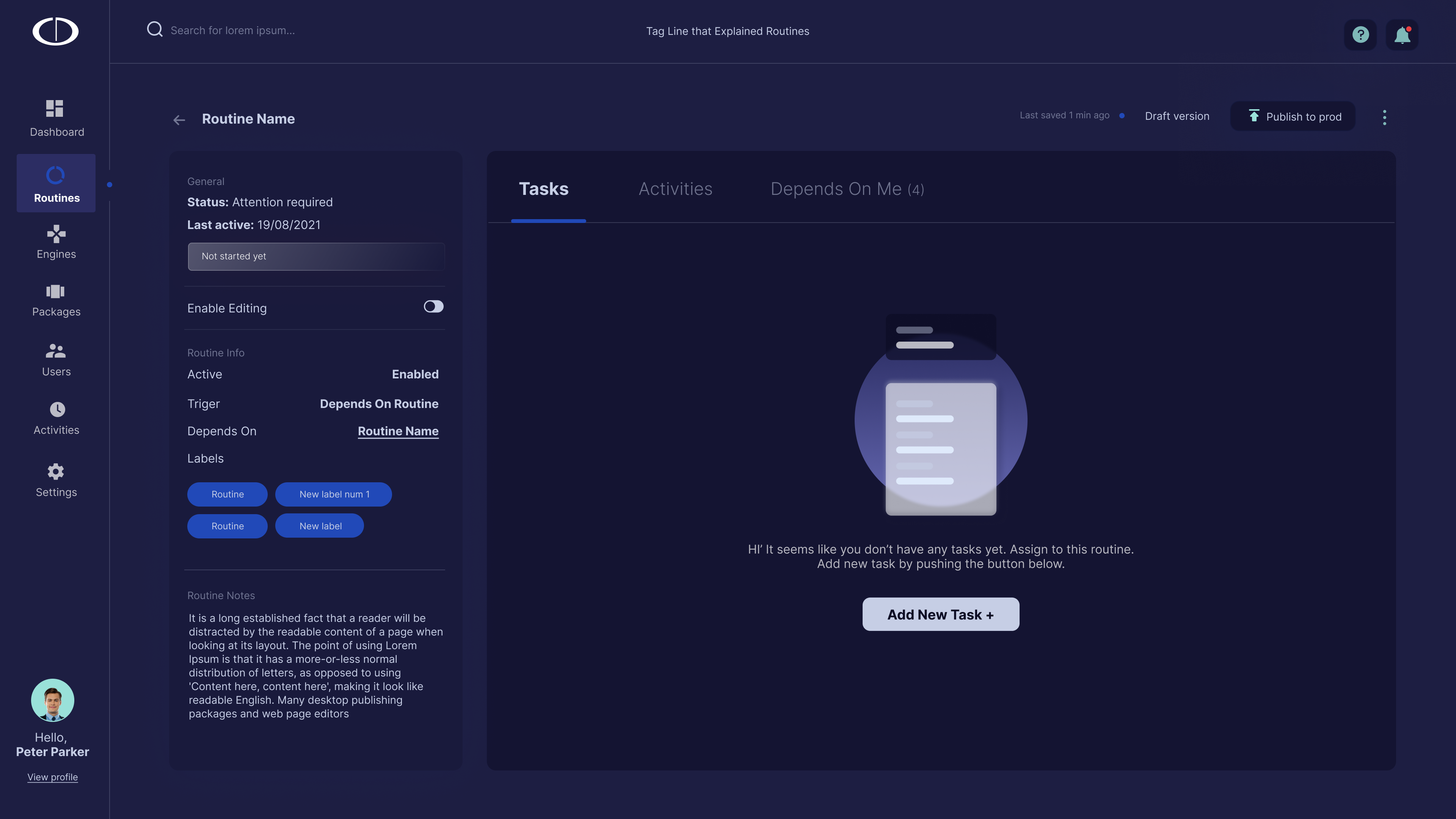 Routine detail — empty tasks state, ready to build
