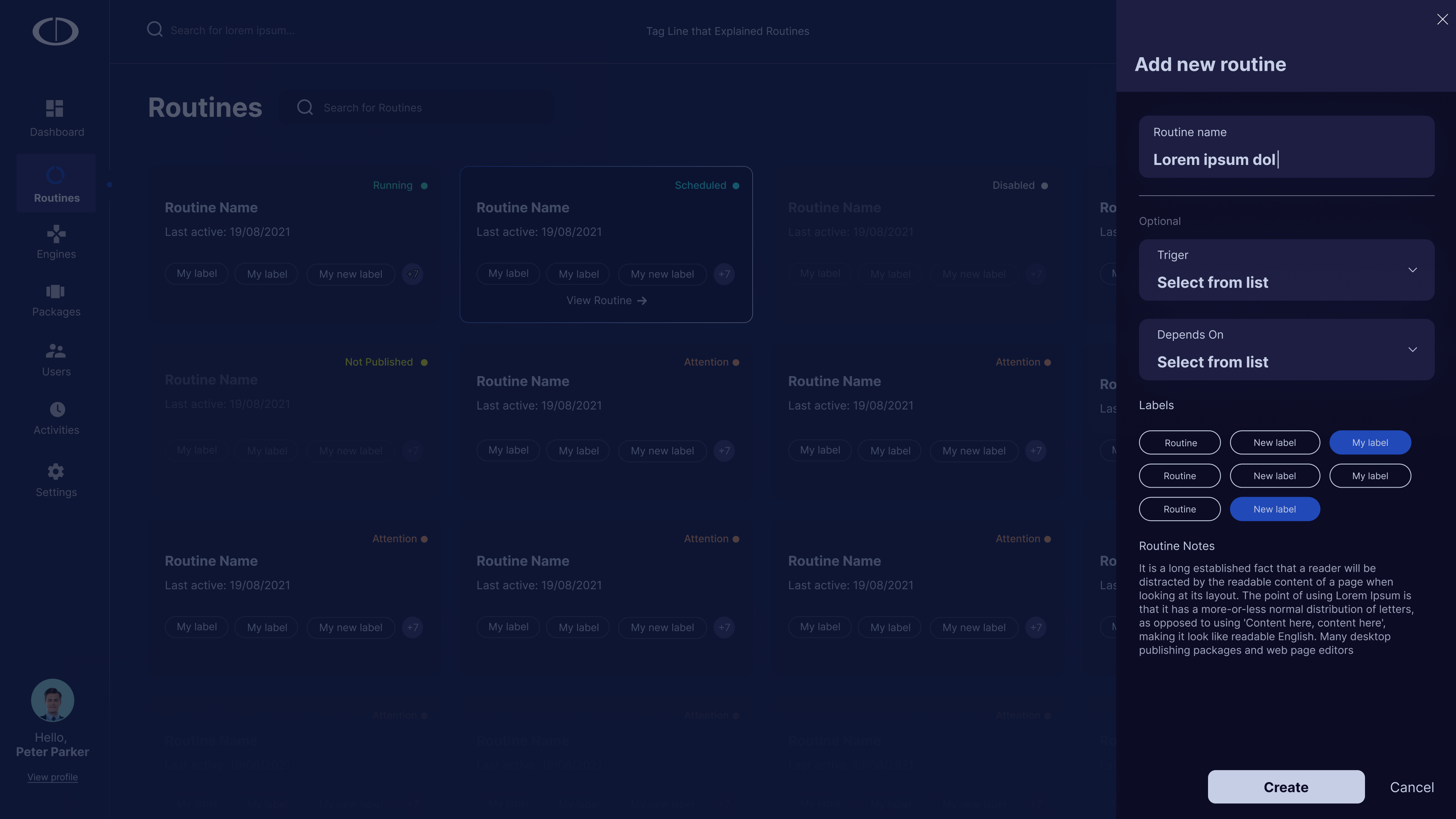 Add new routine — creation panel with name, trigger, and label fields