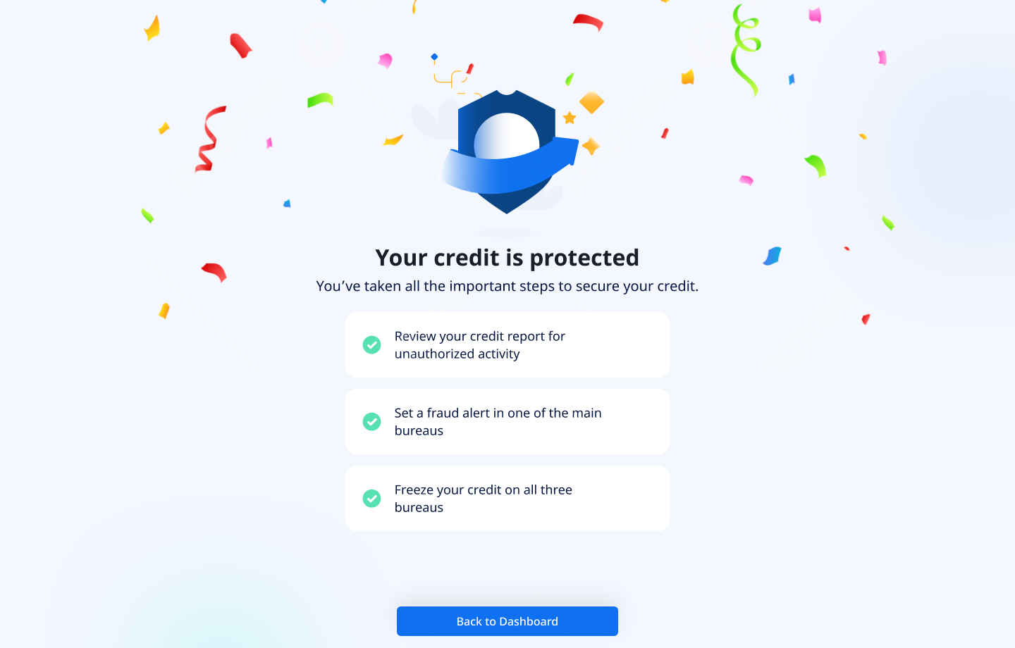 Completion - Your credit is protected, confetti, 3 checked steps