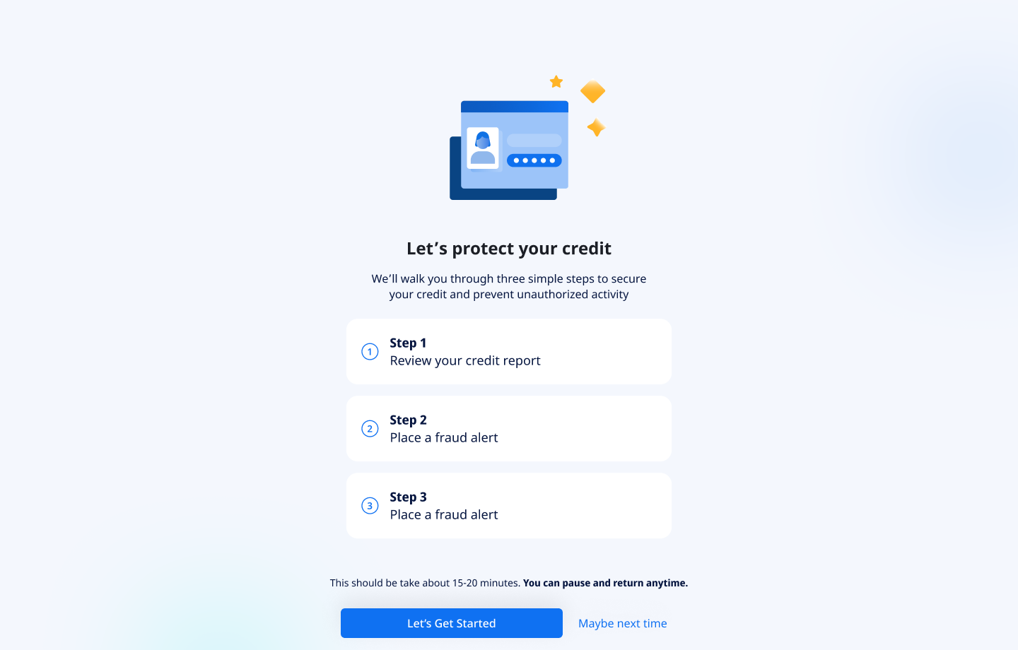 Flow Intro - Let's protect your credit, 3-step preview
